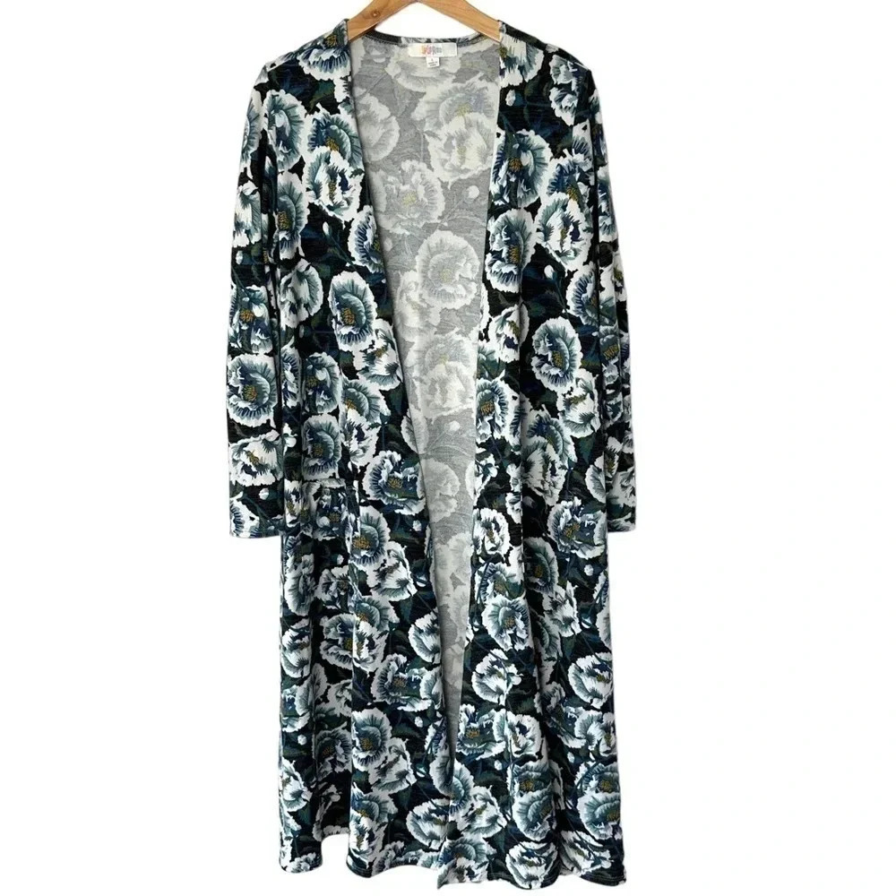 LuLaRoe Cardigan‎ Duster Large Blue Floral Open Front Long Sleeve Knit Sarah